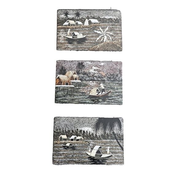 3 Piece Vietnamese Wood Black Lacquer Daily Life Fishing Village Eggshell Wall A - Picture 1 of 6
